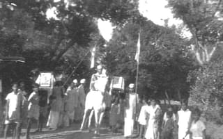 1945 Gandhi Jayanthi March - future Mathurananda can be seen carrying the tricolour and on foot. 