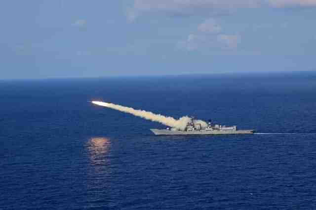 BrahMos missile test fired from INS Delhi. (Indian Navy/Twitter)