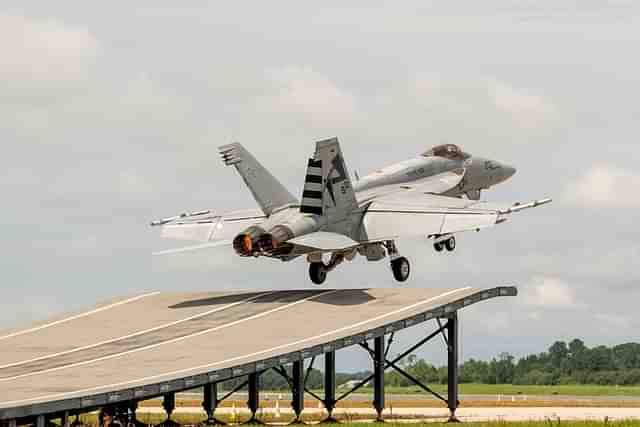 F/A-18 Super Hornet taking off from a ski-jump platform.  (Boeing/Twitter)