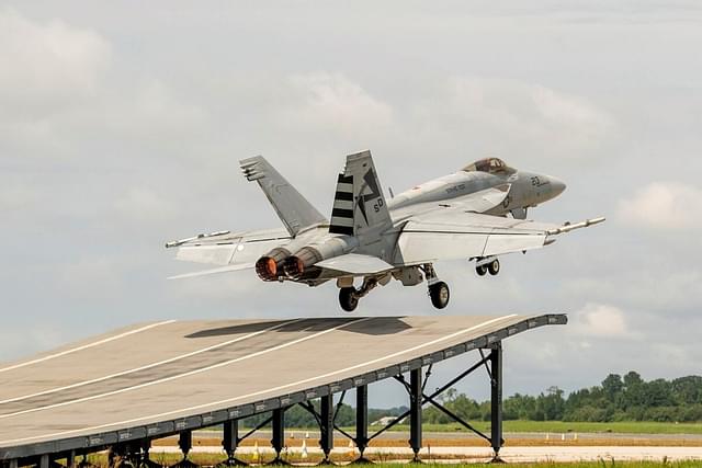 F/A-18 Super Hornet taking off from a ski-jump platform.  (Boeing/Twitter)
