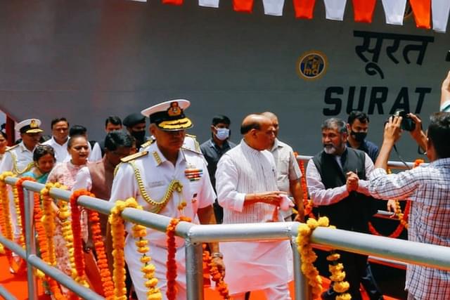 Defence Minister Rajnath Singh at the launch ceremony of INS Surat and INS Udaygiri (Pic Via Twitter)