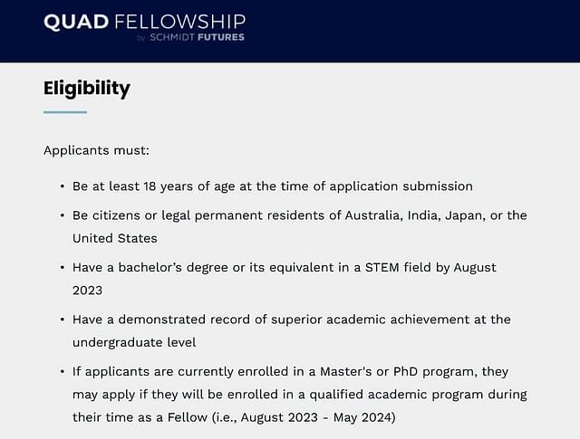 Eligibility criteria for the Quad Fellowship.