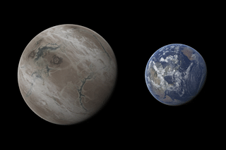 An artist's conception of the exoplanet Kepler-452b compared with Earth. Kepler-452b is the first near-Earth-size planet discovered a Sun-size star. (Image: Ardenau4/Wikimedia Commons)