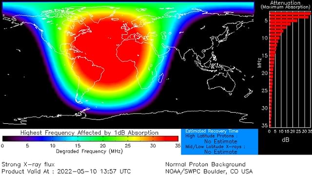 Blackout map because of solar emission on 10-May-2022