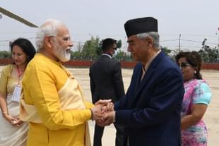 Nepalese Prime Minister Sher Bahadur Deuba welcomes Prime Minister Narendra Modi.