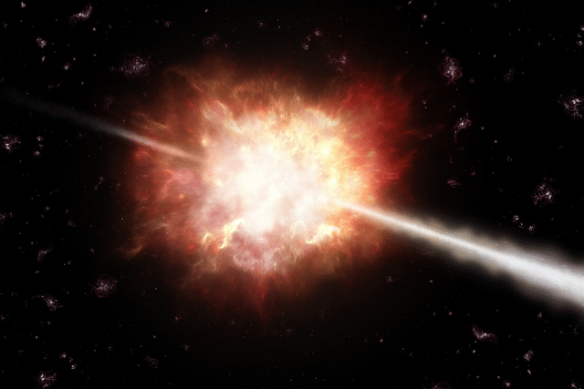 An artist’s impression of a gamma-ray burst (GRB). (Image: ESO/A. Roquette)