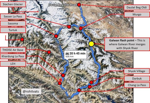 Map depicting the DS-DBO road and the alternate route to Daulat Beg Oldie. (@KesariDhwaj/Twitter)