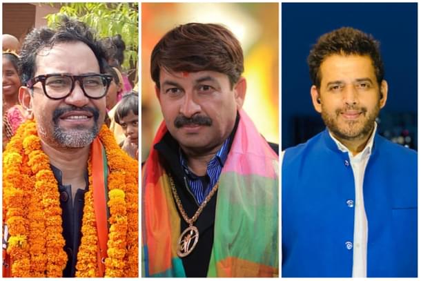 Dinesh Lal Yadav (left), Manoj Tiwari (centre), Ravi Kishan (right)