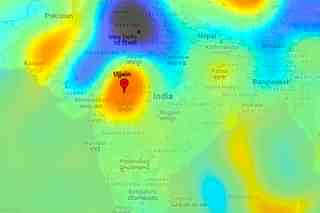 Ujjain's location in a map of gravity anomalies in India. 