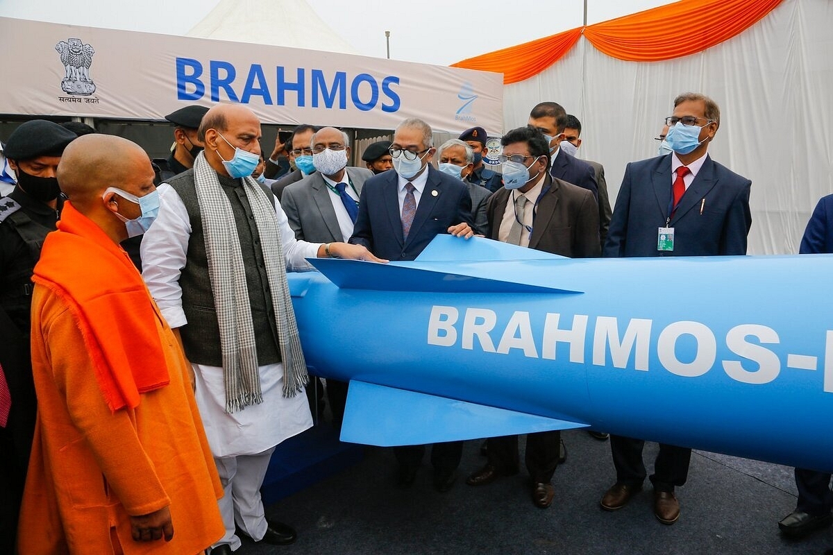 Defence Minister Rajnath Singh and UP Chief Minister Yogi Adityanath at a BrahMos missile display in Lucknow.