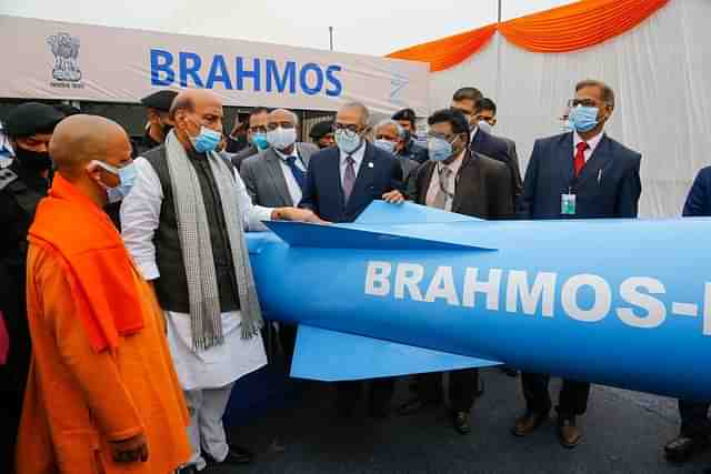 Defence Minister Rajnath Singh and UP Chief Minister Yogi Adityanath at a BrahMos missile display in Lucknow.