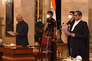 Chief Justice N V Ramana being sworn in by former president Ram Nath Kovind.