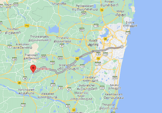 Location of Parandur with a line showing its shortest road route to Chennai city centre (Google Maps)