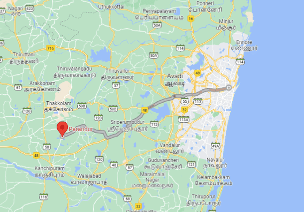Location of Parandur with a line showing its shortest road route to Chennai city centre.(Google Maps).