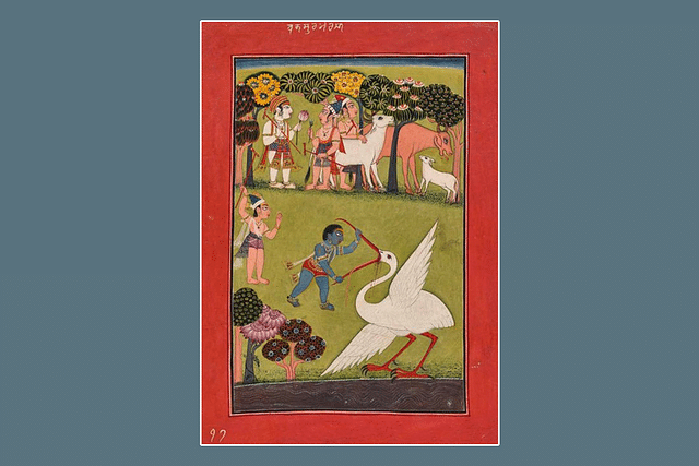 Bakasura vadha by Krishna while Balarama stands in the backdrop.

Mankot style painting, dated 1720