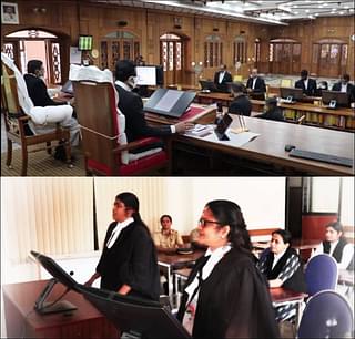 A paperless bench of the Kerala High Court in session. Bottom: Lawyers using touch screens provided in the Judicial Magistrate’s Court to argue their case