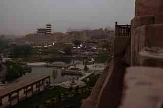 A Chinese pagoda overlooks the old city in Kashgar, Xinjiang Uyghur Autonomous Region, China