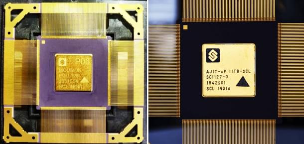 Two made-in-India chips: Moushik the latest in the Shakti family from IIT Madras(left) and Ajit from IIT Bombay