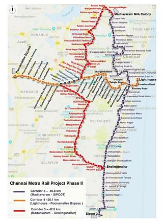 Map of Chennai Metro Rail Project Phase - II (Source: CMRL)