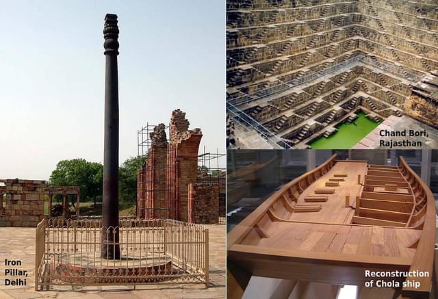 Marvels of engineering in ancient India. Reproduced with permission of the authors of Introduction to Indian Knowledge System. Original credit (Wikimedia Commons: Left: Mark A.Wilson. Top right: Doron. Bottom Right: Avantika Lal)