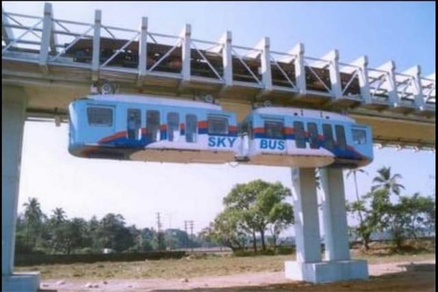Skybus on an elevated track with the carriages suspended below. (Picture: Twitter) 