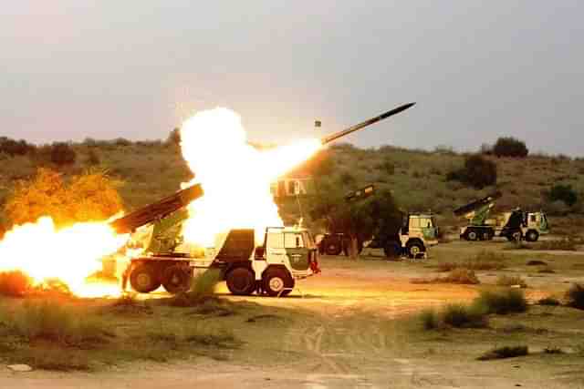 Pinaka MBRLs at Indian Army Exercise Shatrujeet in 2016.