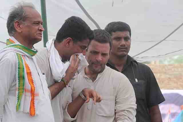 Ashok Gehlot, Sachin Pilot, and Rahul Gandhi at a public rally (Himanshu Vyas/Hindustan Times via GettyImages)