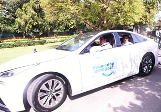 Union Surface Transport Minister Nitin Gadkari rides to Parliament in a Hydrogen-fuelled  Toyota Mirai car.
