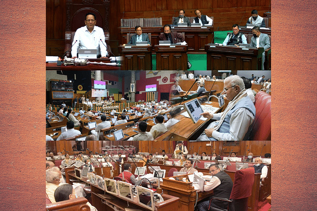 Top: Speaker Lalrinliana Sailo launches the NeVA platform in the Mizoram Legislative Assembly. Middle: Chief Minister Manohar Lal Khattar and the paperless touchscreen-equipped Haryana Assembly in session. Bottom: Chief Minister Nitish Kumar can be seen far right in the Bihar Legislative Council, which was made NeVA-ready in November 2021.