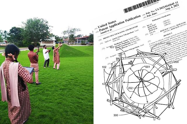 Field trials with a drone on the Amrita campus (left) and detail of the Tensegrity structure from the  US patent.