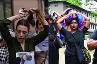 (Left) A protesters cutting her hair in Iran. (Right) A woman devotee at Sabrimala  