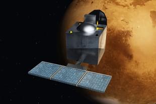 Artist's rendering of the Mars Orbiter Mission spacecraft, with Mars in the background. (Nesnad/Wikipedia)