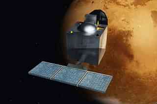 Artist's rendering of the Mars Orbiter Mission spacecraft, with Mars in the background. (Nesnad/Wikipedia)
