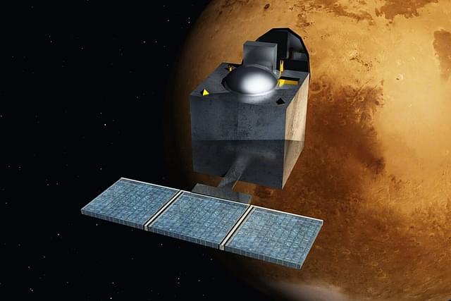 Artist's rendering of the Mars Orbiter Mission spacecraft, with Mars in the background. (Nesnad/Wikipedia)
