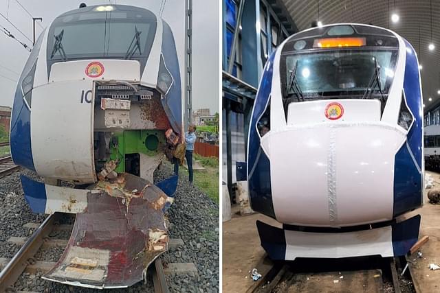 Damaged FRP Cover of a Vande Bharat train due to cattle run-over incident