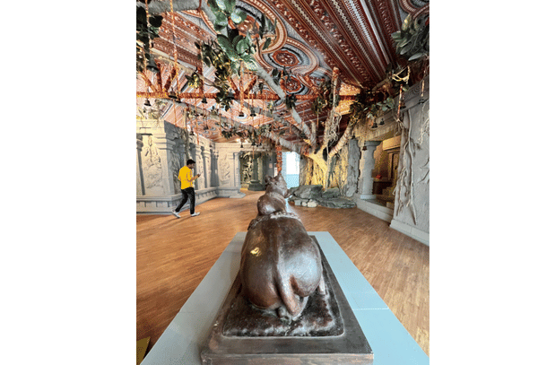 The Nandi in front of the Banyan tree at the replica of the Mahadev temple