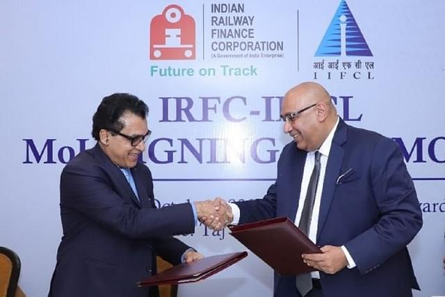 IRFC Chairman and Managing Director Amitabh Banerjee and IIFCL Managing Director Padmanabhan Raja Jaishankar at the signing.