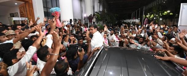 TRS party activists welcoming their working president, and son of CM KCR, K T Rao to TRS HQ in Hyderabad after declaration of Munugode results