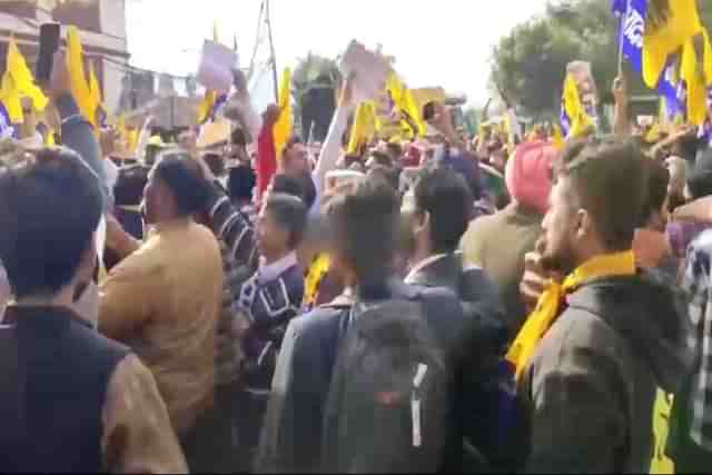 Teachers from Punjab protest during AAP rally in Solan, Himachal Pradesh.