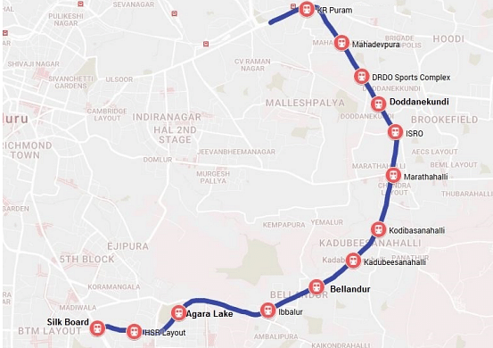 Proposed map of Central Silk Board-KR Puram Metro line (Metrorailguy)