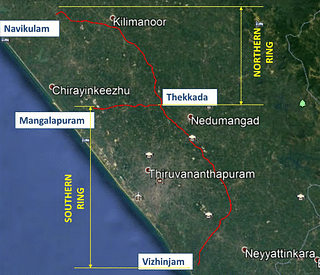 Red line shows the route of proposed outer ring road for Thiruvananthapuram (Environmental Social Impact Assessment Report)