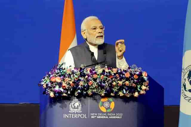 Prime Minister speaking at the INTERPOL General Assembly in New Delhi. (Picture: Twitter)