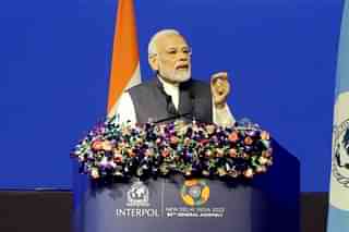 Prime Minister speaking at the INTERPOL General Assembly in New Delhi. (Picture: Twitter)