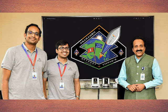 Skyroot Aerospace co-founders Pawan Kumar Chandana and Naga Bharath Daka along with ISRO chief S Somanath. (Photo: Skyroot Aerospace/Twitter)