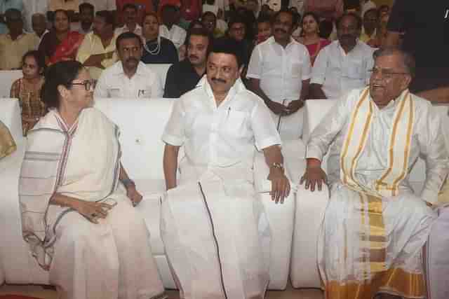 Mamata Banerjee, M K Stalin and La Ganesan at the family function. (Twitter) 