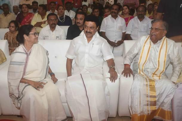 Mamata Banerjee, M K Stalin and La Ganesan at the family function. (Twitter)
