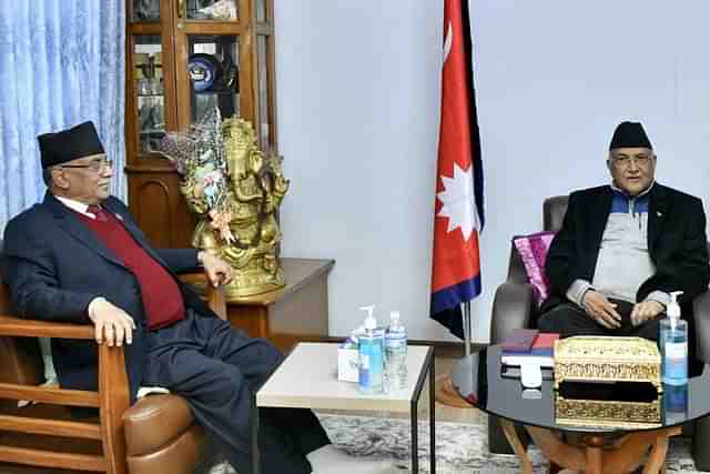 Pushpa Kamal Dahal and K P Sharma Oli. (Picture: KP Sharma Oli's secretariat)