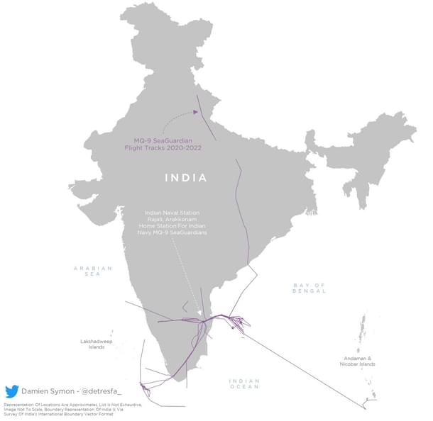 A map showing some publicly available mission flights between 2020-22. (@detresfa_/Twitter)