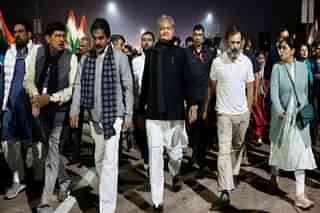 Rajasthan CM Ashok Gehlot and Rahul Gandhi at the Bharat Jodo yatra, in Rajasthan, along with other Congress leaders.