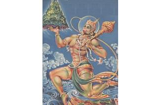 Hanuman carries the mountain of life-rejuvenating healing herbs. 